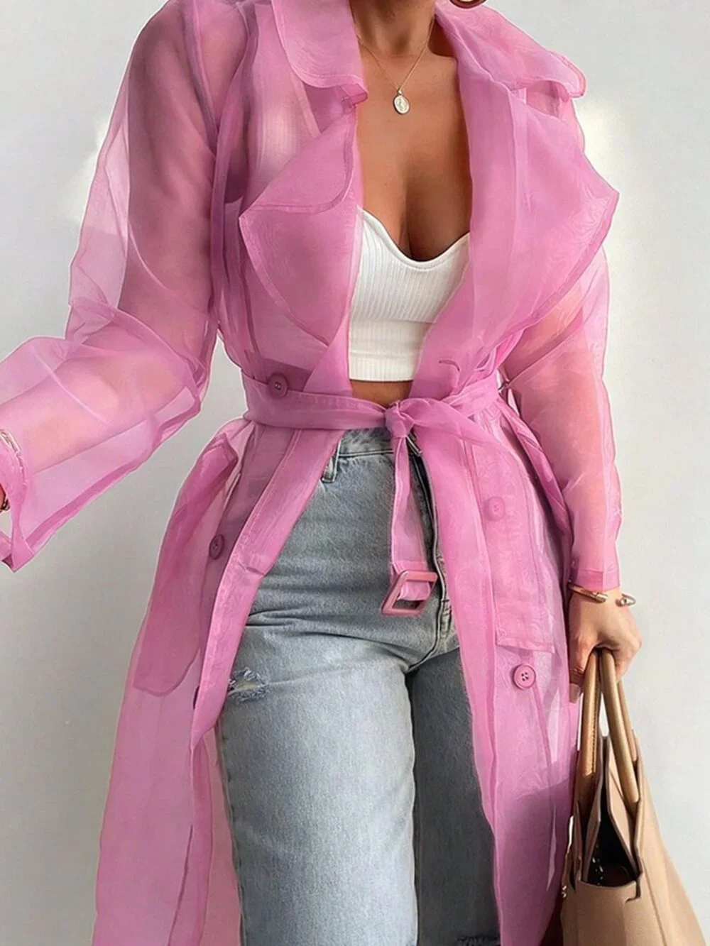 Baby Pink Sheer Mesh Casual Women's Button-Down Long Trench Coat - Picture 2 of 3